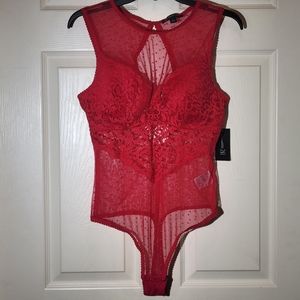 INC Cupped Swiss Dot Lingerie Thong Bodysuit Large Red Valentine's Day